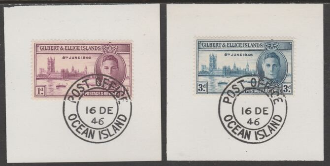 Gilbert & Ellice Islands 1946 KG6 Victory set of 2 each on individual piece cancelled with full strike of Madame Joseph forged postmark type 193, stamps on , stamps on  kg6 , stamps on forgeries, stamps on  ww2 , stamps on london