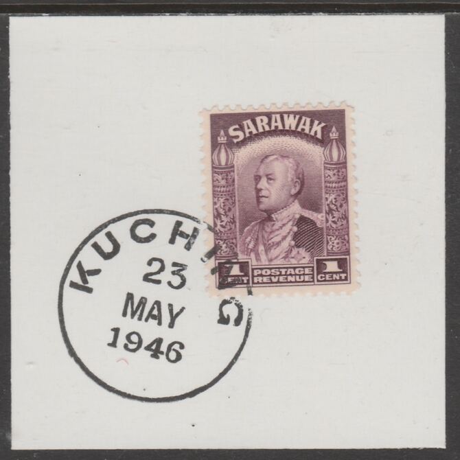 Sarawak 1934 Sir Charles Brooke 1c purple on piece cancelled with full strike of Madame Joseph forged postmark type 378, stamps on , stamps on  kg5 , stamps on forgeries