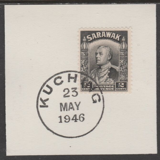 Sarawak 1934 Sir Charles Brooke 2c black on piece cancelled with full strike of Madame Joseph forged postmark type 378, stamps on , stamps on  kg5 , stamps on forgeries