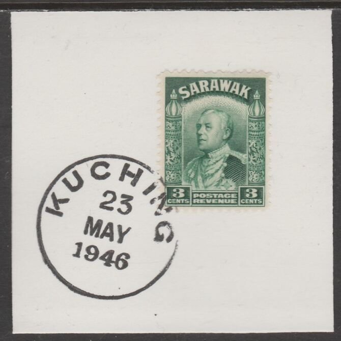 Sarawak 1934 Sir Charles Brooke 3c green on piece cancelled with full strike of Madame Joseph forged postmark type 378, stamps on , stamps on  kg5 , stamps on forgeries