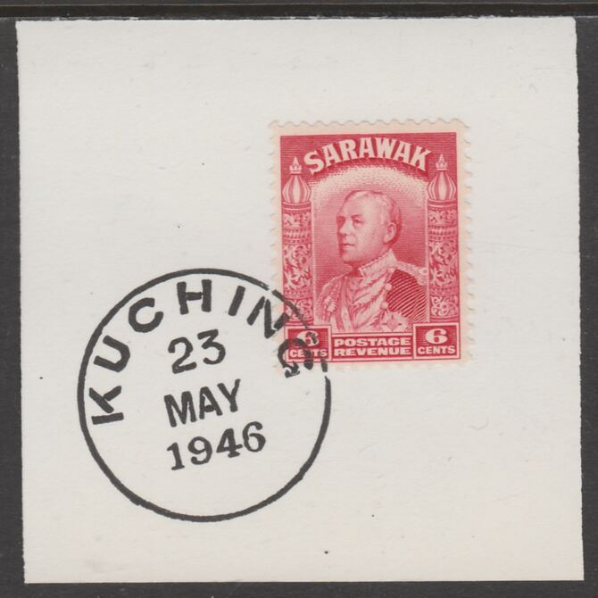 Sarawak 1934 Sir Charles Brooke 6c carmine on piece cancelled with full strike of Madame Joseph forged postmark type 378, stamps on , stamps on  kg5 , stamps on forgeries