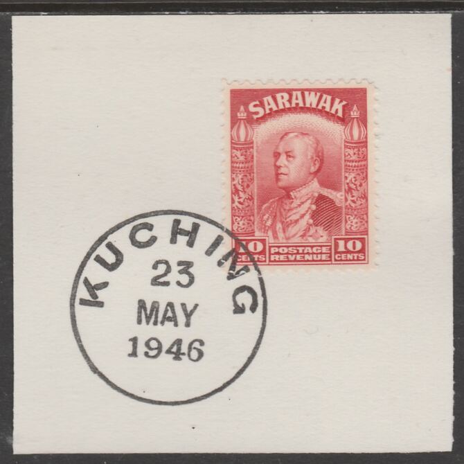 Sarawak 1934 Sir Charles Brooke 10c scarlet on piece cancelled with full strike of Madame Joseph forged postmark type 378, stamps on , stamps on  kg5 , stamps on forgeries