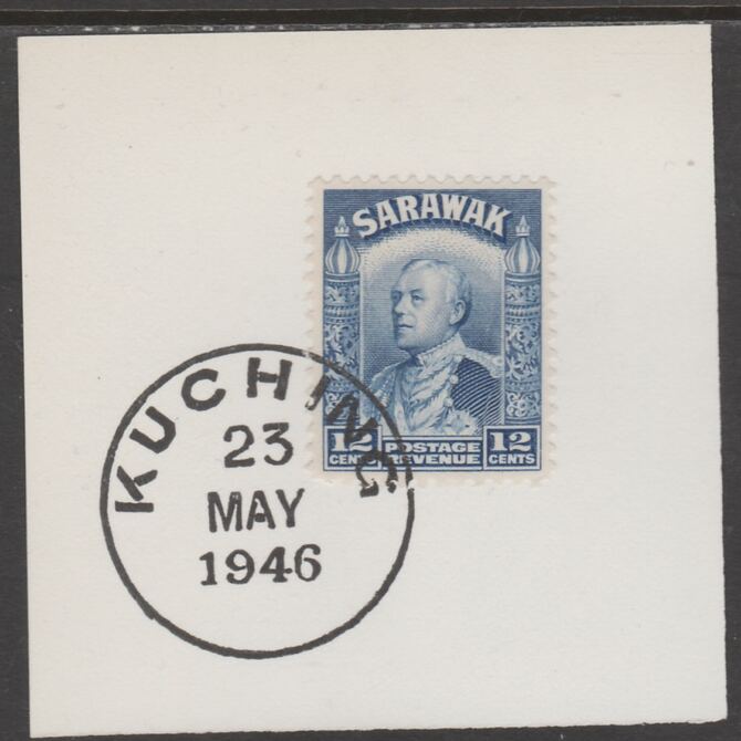 Sarawak 1934 Sir Charles Brooke 12c blue on piece cancelled with full strike of Madame Joseph forged postmark type 378, stamps on , stamps on  kg5 , stamps on forgeries