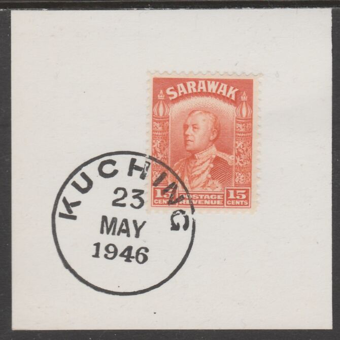 Sarawak 1934 Sir Charles Brooke 15c orange on piece cancelled with full strike of Madame Joseph forged postmark type 378, stamps on , stamps on  kg5 , stamps on forgeries
