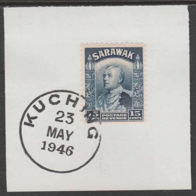 Sarawak 1934 Sir Charles Brooke 15c blue on piece cancelled with full strike of Madame Joseph forged postmark type 378, stamps on , stamps on  kg5 , stamps on forgeries