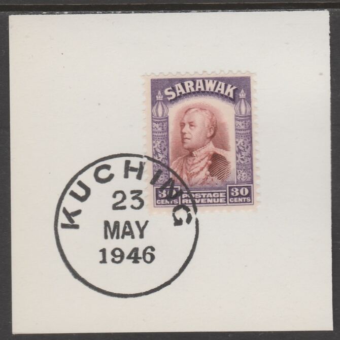 Sarawak 1934 Sir Charles Brooke 30c red-brown & violet on piece cancelled with full strike of Madame Joseph forged postmark type 378, stamps on , stamps on  kg5 , stamps on forgeries