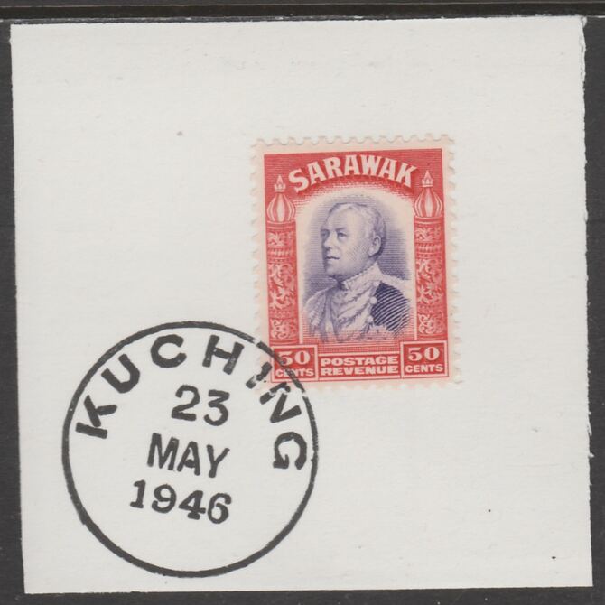 Sarawak 1934 Sir Charles Brooke 50c violet & scarlet on piece cancelled with full strike of Madame Joseph forged postmark type 378, stamps on , stamps on  kg5 , stamps on forgeries