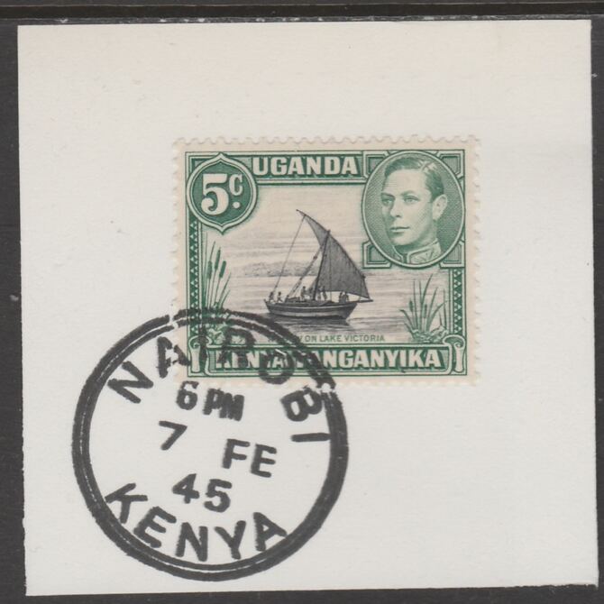 Kenya, Uganda & Tanganyika 1938 KG6 5c black & green on piece cancelled with full strike of Madame Joseph forged postmark type 226, stamps on , stamps on  kg6 , stamps on forgeries