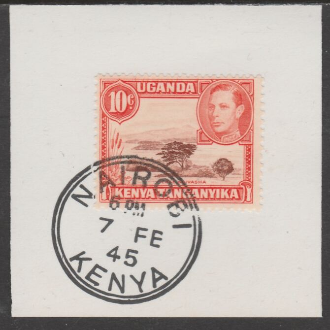 Kenya, Uganda & Tanganyika 1938 KG6 10c  red-brown & orange on piece cancelled with full strike of Madame Joseph forged postmark type 226, stamps on , stamps on  kg6 , stamps on forgeries