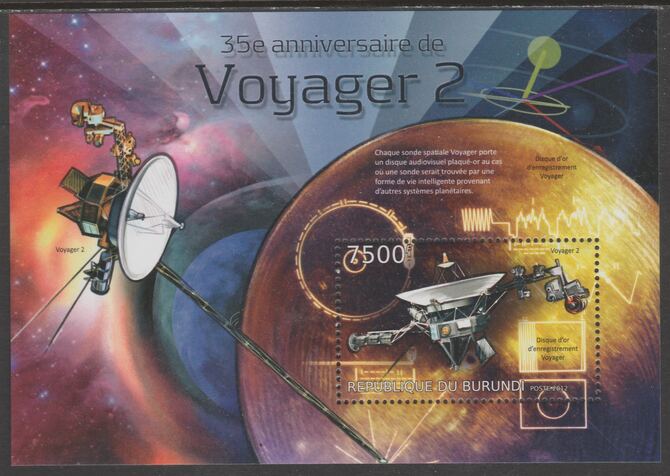Burundi 2012 Voyager 2 perf souvenir sheet  containing 1 value unmounted mint., stamps on , stamps on  stamps on space, stamps on  stamps on voyager, stamps on  stamps on satellites
