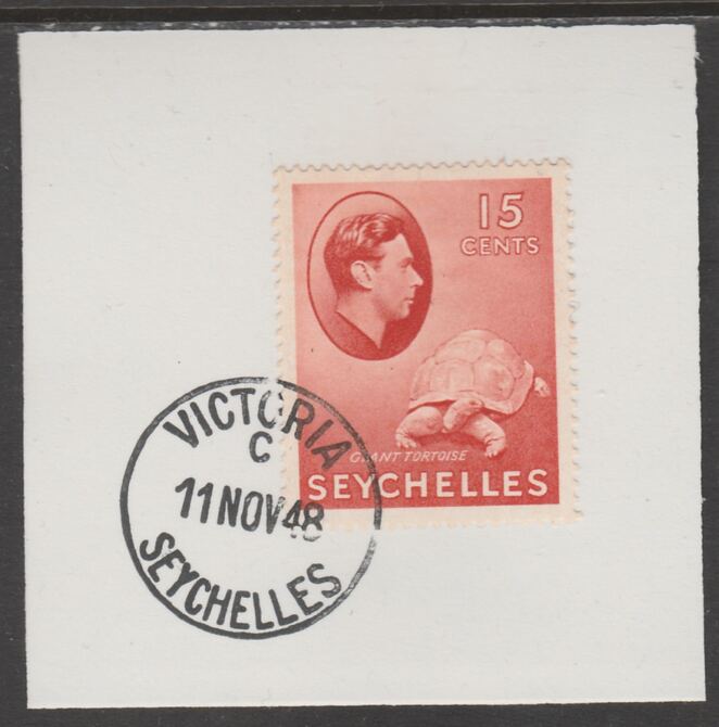 Seychelles 1938 KG6 15c brown-carmine on piece cancelled with full strike of Madame Joseph forged postmark type 389, stamps on , stamps on  kg6 , stamps on forgeries, stamps on 