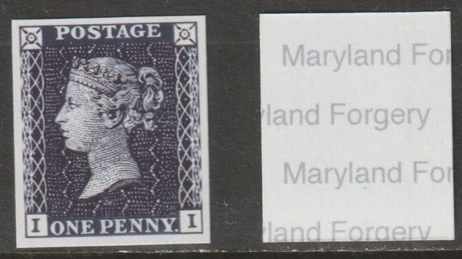 Great Britain 1840 QV 1d black imperf 'Maryland' forgery unused- the word Forgery is printed on the back and comes on a presentation card with descriptive notes, stamps on forgery, stamps on forgeries, stamps on  qv maryland