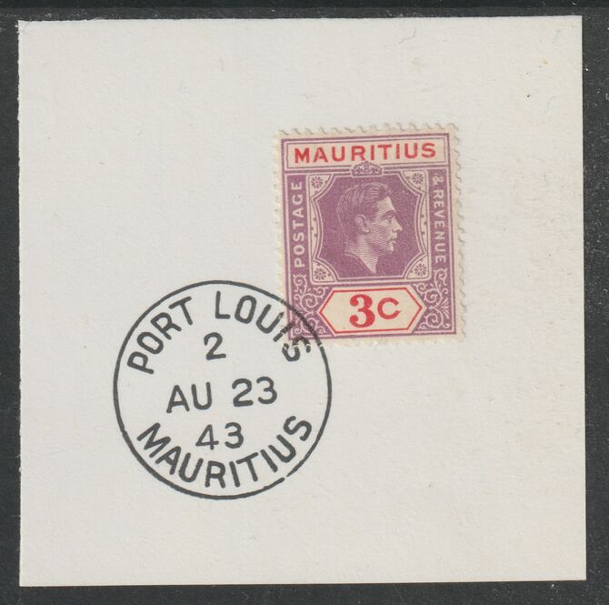 Mauritius 1938 KG6 3c reddish-purple & scarlet on piece cancelled with full strike of Madame Joseph forged postmark type 255, stamps on , stamps on  stamps on , stamps on  stamps on  kg6 , stamps on  stamps on forgeries