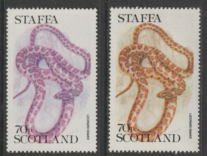 Staffa 1979 Snakes - Leopard Snake 70p perf single showing a superb shade apparently due to a dry print of the yellow complete with normal both unmounted mint, stamps on reptiles, stamps on snakes