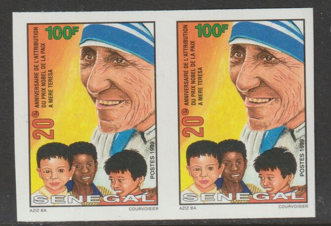 Senegal 1999 Nobel Peace Prize to Mother Teresa 100f imperf pair from a limited printing unmounted mint as SG 1601, stamps on , stamps on  stamps on nobel, stamps on  stamps on mother teresa