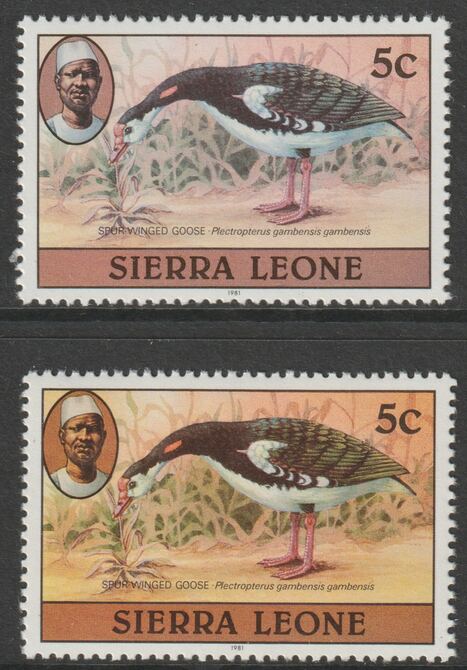 Sierra Leone 1980-82 Birds - Spur Winged Goose 5c (with 1981 imprint date) two good shades both unmounted mint SG 625B, stamps on birds, stamps on geese