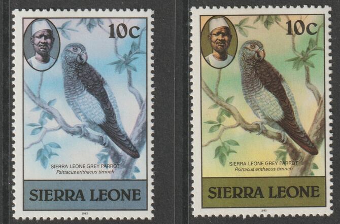 Sierra Leone 1983 Grey Parrot 10c (with 1983 imprint) two good shades both unmounted mint SG 765, stamps on birds, stamps on parrots