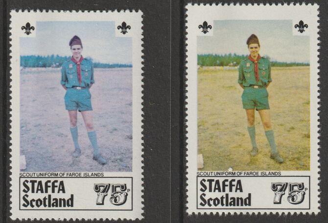 Staffa 1979 Scouts of the World - 75p Faroe Islands perf single showing a superb shade apparently due to a dry print of the yellow complete with normal both unmounted min..., stamps on scouts