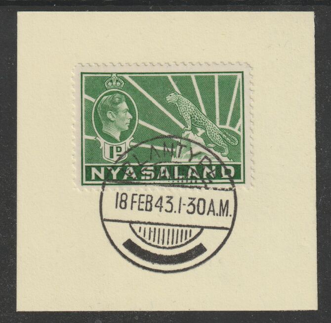 Nyasaland 1938-44 KG6 Leopard Symbol 1d green SG 131b on piece with full strike of Madame Joseph forged postmark type 317, stamps on , stamps on  stamps on leopard, stamps on  stamps on  kg6 , stamps on  stamps on forgeries