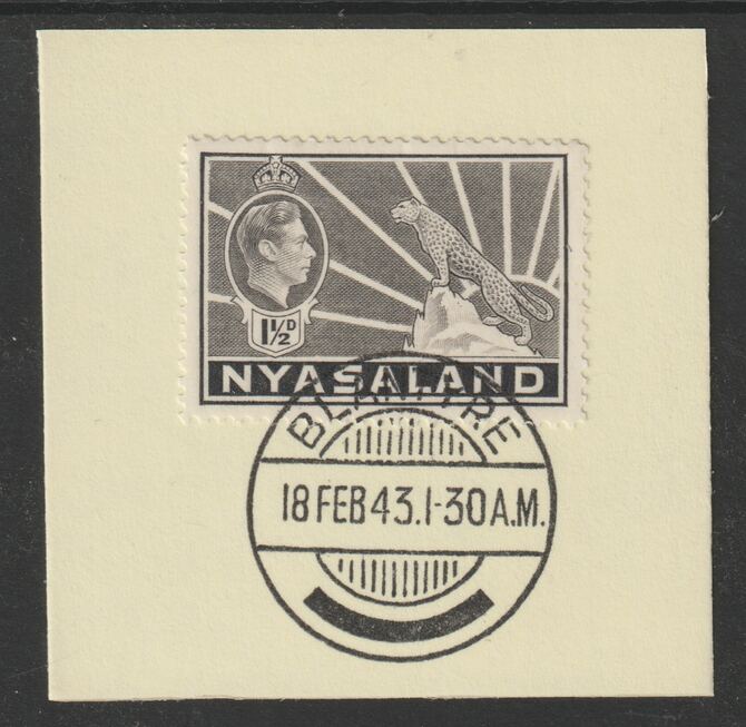 Nyasaland 1938-44 KG6 Leopard Symbol 1.5d grey SG 132a on piece with full strike of Madame Joseph forged postmark type 317, stamps on leopard, stamps on  kg6 , stamps on forgeries