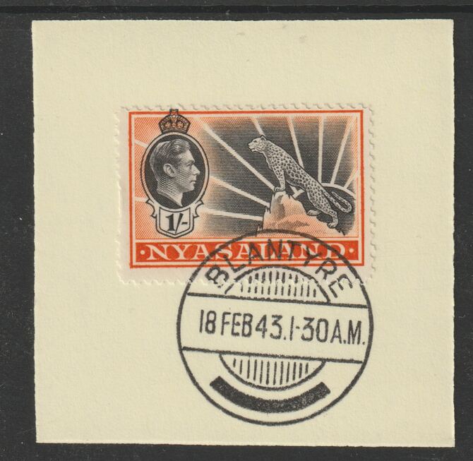 Nyasaland 1938-44 KG6 Leopard Symbol 1s black & orange SG 138 on piece with full strike of Madame Joseph forged postmark type 317, stamps on leopard, stamps on  kg6 , stamps on forgeries