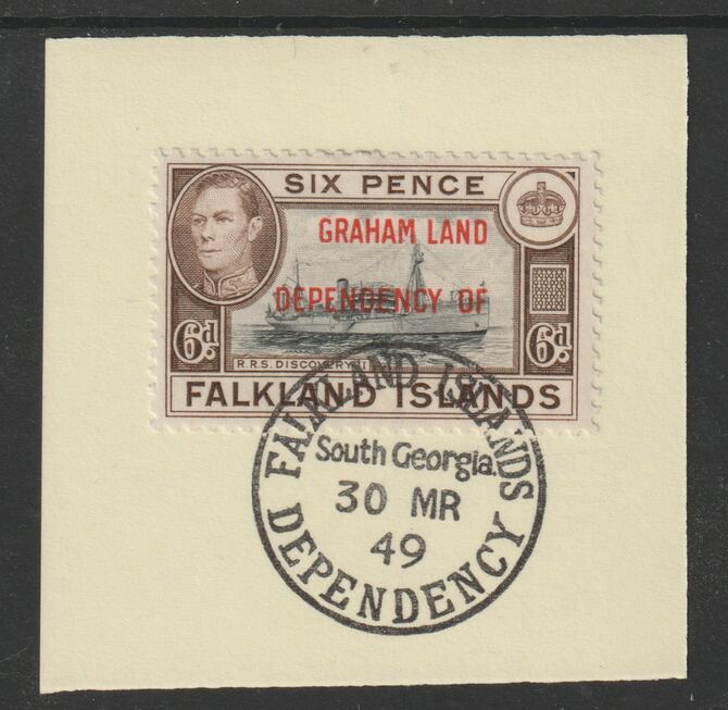 Falkland Islands Dependencies - Graham Land 1944 overprint on KG6 Pictorial 6d (SG A6) on piece with full strike of Madame Joseph forged postmark type 158, stamps on , stamps on  kg6 , stamps on forgery, stamps on 