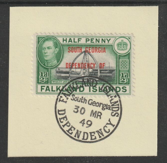 Falkland Islands Dependencies - South Georgia 1944 overprint on KG6 Pictorial 1/2d (SG B1) on piece with full strike of Madame Joseph forged postmark type 158, stamps on , stamps on  kg6 , stamps on forgery, stamps on 