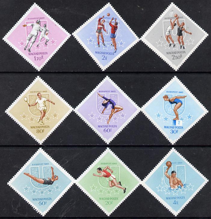 Hungary 1965 University Games, Budapest, Diamond shaped perf set of 9 unmounted mint, Mi 2153-61, stamps on , stamps on  stamps on sport    swimming   diving   gymnastics   tennis   fencing   volleyball   basketball   water polo               diamond, stamps on  stamps on  gym , stamps on  stamps on gymnastics, stamps on  stamps on 