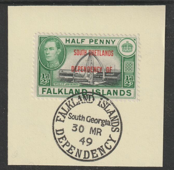 Falkland Islands Dependencies - South Shetlands 1944 overprint on KG6 Pictorial 1/2d (SG D1) on piece with full strike of Madame Joseph forged postmark type 158, stamps on , stamps on  stamps on , stamps on  stamps on  kg6 , stamps on  stamps on forgery, stamps on  stamps on 
