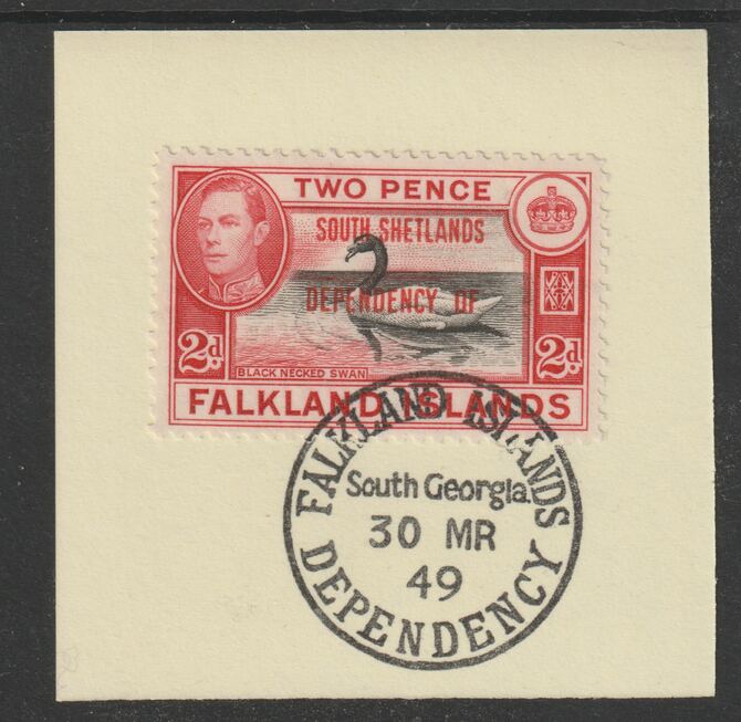 Falkland Islands Dependencies - South Shetlands 1944 overprint on KG6 Pictorial 2d (SG D3) on piece with full strike of Madame Joseph forged postmark type 158, stamps on , stamps on  stamps on , stamps on  stamps on  kg6 , stamps on  stamps on forgery, stamps on  stamps on 