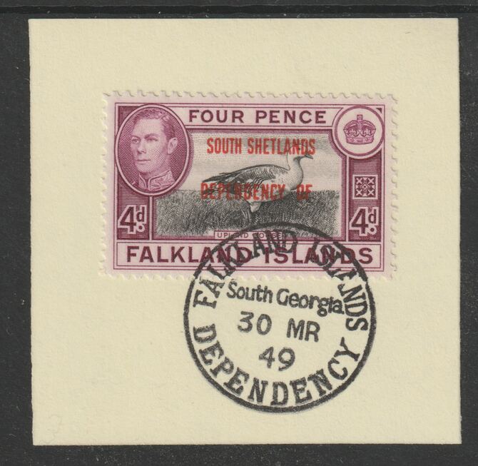 Falkland Islands Dependencies - South Shetlands 1944 overprint on KG6 Pictorial 4d (SG D5) on piece with full strike of Madame Joseph forged postmark type 158, stamps on , stamps on  stamps on , stamps on  stamps on  kg6 , stamps on  stamps on forgery, stamps on  stamps on 