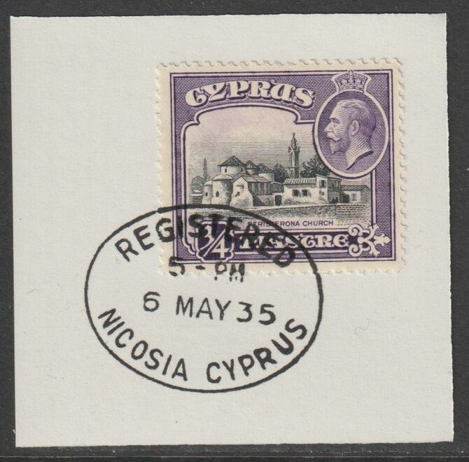 Cyprus 1934 KG5 Church of St Barnabas 3/4pi black & violet SG135 on piece with full strike of Madame Joseph forged postmark type 132, stamps on , stamps on  kg5 , stamps on churches