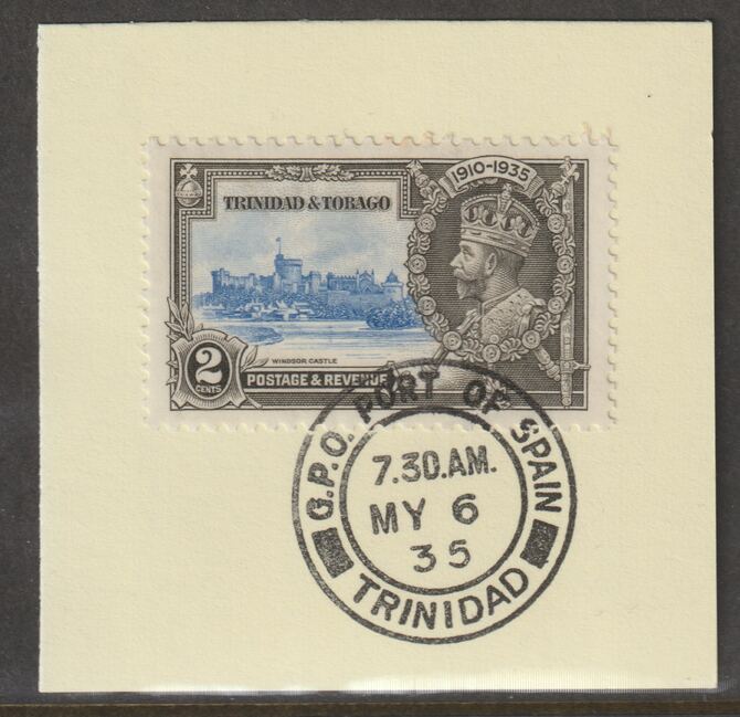Trinidad & Tobago 1935 KG5 Silver Jubilee 2c (SG 239) on piece with full strike of Madame Joseph forged postmark type 421 (First day of issue), stamps on , stamps on  stamps on , stamps on  stamps on  kg5 , stamps on  stamps on silver jubilee, stamps on  stamps on castles