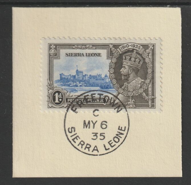 Sierra Leone 1935 KG5 Silver Jubilee 1d (SG 181) on piece with full strike of Madame Joseph forged postmark type 393 (First day of issue), stamps on , stamps on  kg5 , stamps on silver jubilee, stamps on castles