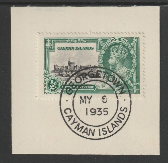 Cayman Islands 1935 KG5 Silver Jubilee 1/2d (SG 108) on piece with full strike of Madame Joseph forged postmark type 114 (First day of issue), stamps on , stamps on  kg5 , stamps on silver jubilee, stamps on castles