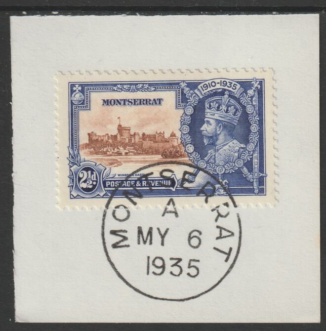 Montserrat 1935 KG5 Silver Jubilee 2.5d (SG 96) on piece with full strike of Madame Joseph forged postmark type 259 (First day of issue), stamps on , stamps on  kg5 , stamps on silver jubilee, stamps on castles