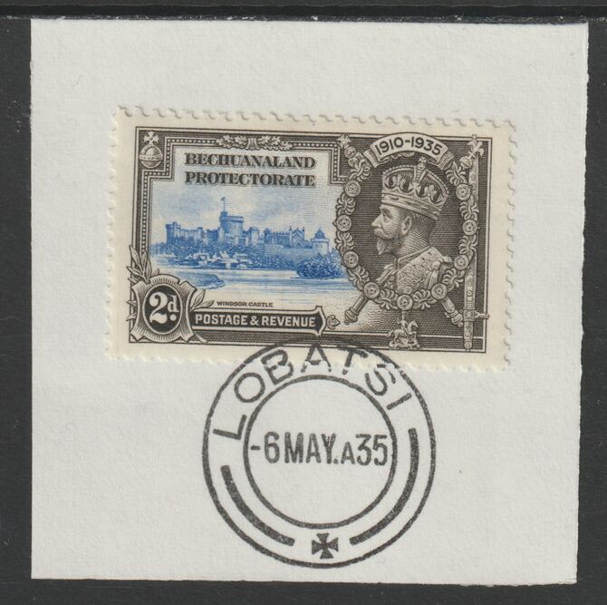 Bechuanaland 1935 KG5 Silver Jubilee 2d (SG 112) on piece with full strike of Madame Joseph forged postmark type 55 (First day of issue), stamps on , stamps on  stamps on , stamps on  stamps on  kg5 , stamps on  stamps on silver jubilee, stamps on  stamps on castles