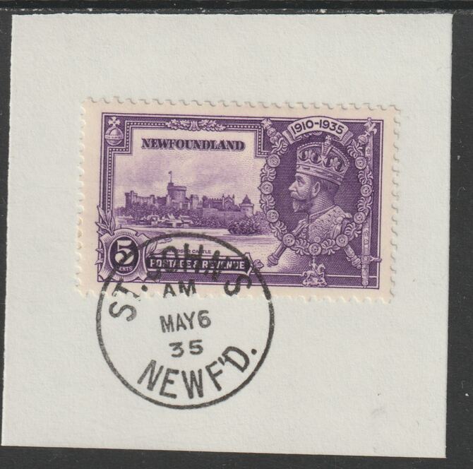 Newfoundland 1935 KG5 Silver Jubilee 5c (SG 251) on piece with full strike of Madame Joseph forged postmark type 272 (First day of issue), stamps on , stamps on  stamps on , stamps on  stamps on  kg5 , stamps on  stamps on silver jubilee, stamps on  stamps on castles