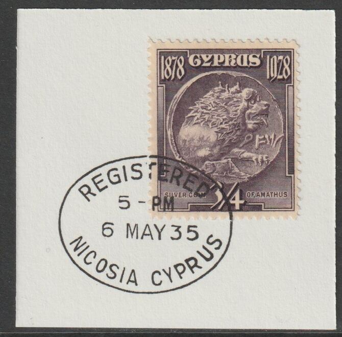 Cyprus 1928 KG5 50th Anniversary 3/4 pi dull purple,on piece with full strike of Madame Joseph forged postmark type 132, stamps on , stamps on  kg5 , stamps on coins