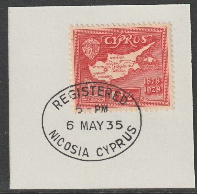 Cyprus 1928 KG5 50th Anniversary 1.5pi scarlet,on piece with full strike of Madame Joseph forged postmark type 132, stamps on , stamps on  kg5 , stamps on maps
