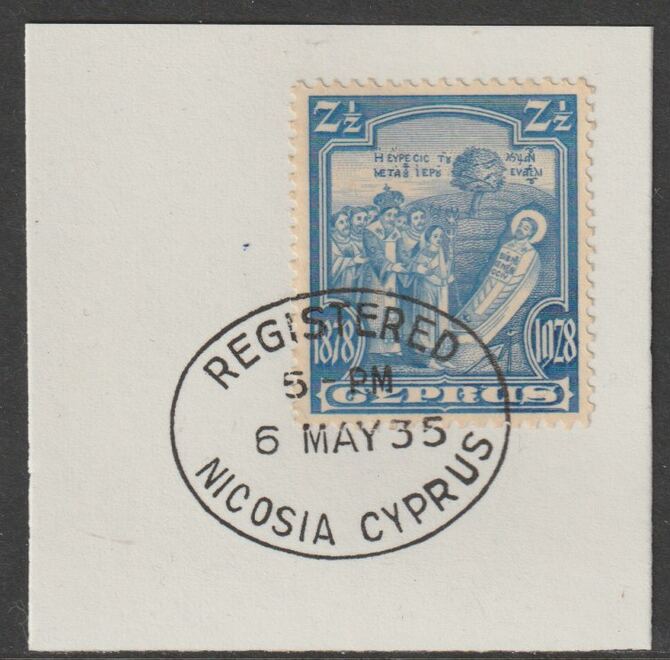 Cyprus 1928 KG5 50th Anniversary 2.5pi light blue,on piece with full strike of Madame Joseph forged postmark type 132, stamps on , stamps on  kg5 , stamps on saints