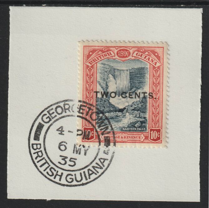 British Guiana 1899 Surcharged 2c on 10c Kaiteur Falls (SG223) on piece with full strike of Madame Joseph forged postmark type 72, stamps on , stamps on  stamps on , stamps on  stamps on  kg6 , stamps on  stamps on forgeries, stamps on  stamps on waterfalls