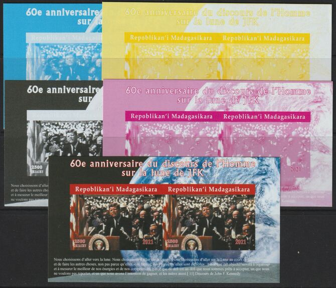 Madagascar 2021 60th Anniversary of Pres Kennedy;s Man on the Moon Speech #2 imperf sheetlet containing 2 values - the set of 5 imperf progressive proofs comprising the 4 individual colours plus all 4-colour composite, unmounted mint, stamps on , stamps on  stamps on personalities, stamps on  stamps on us presidents, stamps on  stamps on kennedy, stamps on  stamps on space, stamps on  stamps on apollo, stamps on  stamps on americana, stamps on  stamps on 