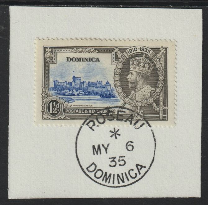 Dominica 1935 KG5 Silver Jubilee 1.5d (SG 93) on piece with full strike of Madame Joseph forged postmark type 141 (First day of issue), stamps on , stamps on  stamps on , stamps on  stamps on  kg5 , stamps on  stamps on silver jubilee, stamps on  stamps on castles , stamps on  stamps on forgery