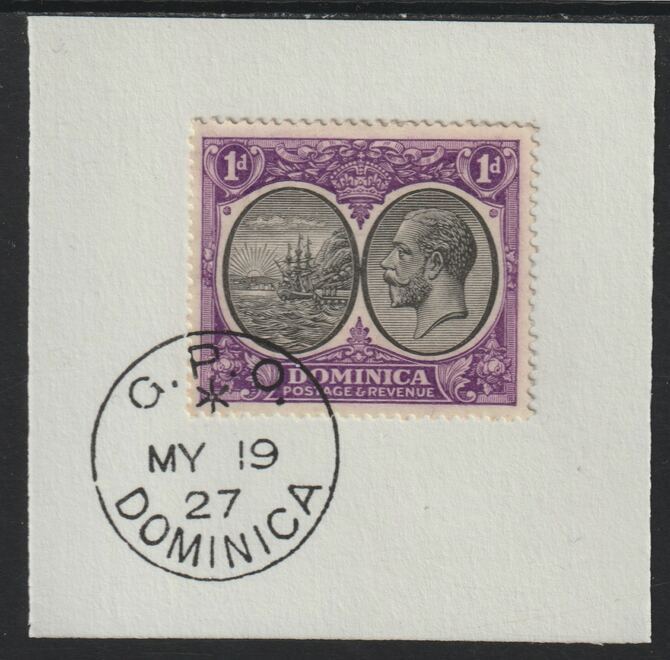 Dominica 1923-33KG5 Badge of Colony 1d black & violet on piece with full strike of Madame Joseph forged postmark type 139, stamps on , stamps on  kg5 , stamps on forgery