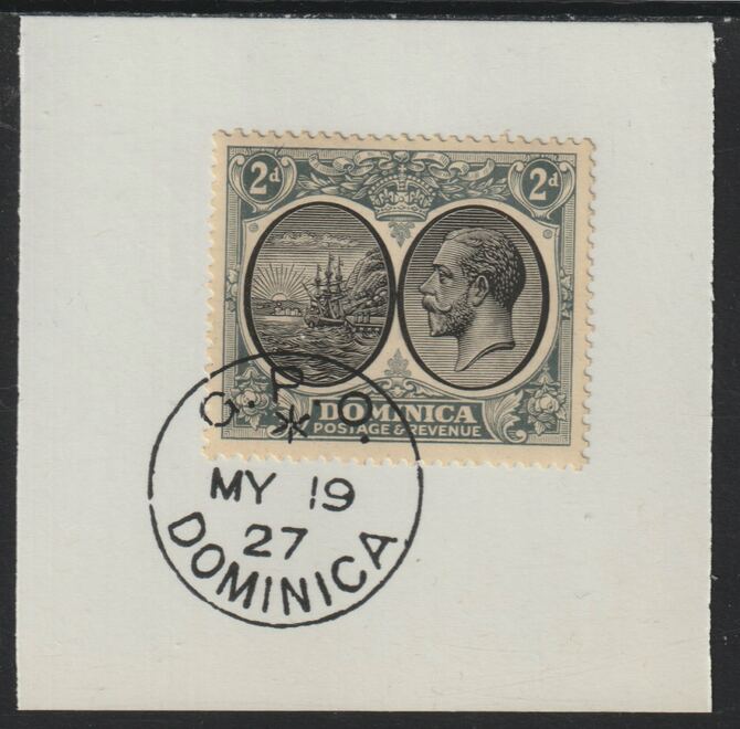 Dominica 1923-33KG5 Badge of Colony 2d black & grey on piece with full strike of Madame Joseph forged postmark type 139, stamps on , stamps on  kg5 , stamps on forgery
