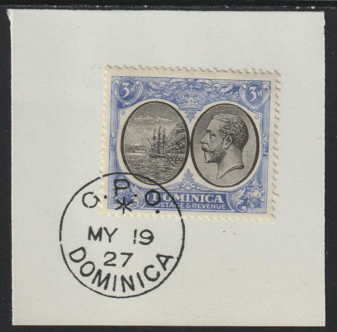 Dominica 1923-33KG5 Badge of Colony 3d black & ultramarine on piece with full strike of Madame Joseph forged postmark type 139, stamps on , stamps on  kg5 , stamps on forgery