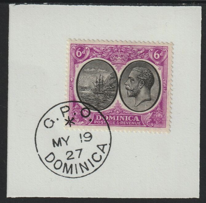 Dominica 1923-33KG5 Badge of Colony 6d black & magenta on piece with full strike of Madame Joseph forged postmark type 139, stamps on , stamps on  kg5 , stamps on forgery