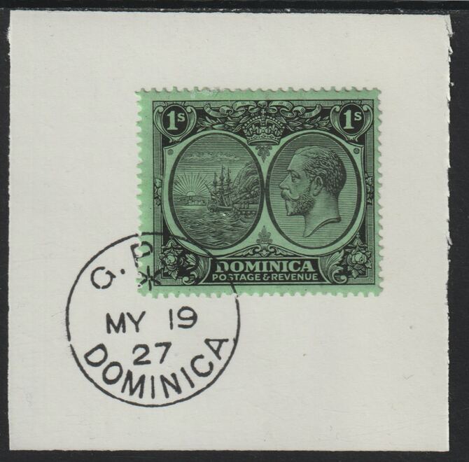 Dominica 1923-33KG5 Badge of Colony 1s black/emerald on piece with full strike of Madame Joseph forged postmark type 139, stamps on , stamps on  kg5 , stamps on forgery