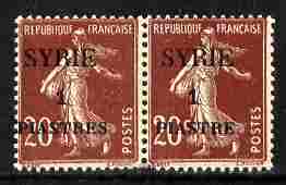 Syria 1924 1pi on 20c Sower horizontal pair one stamp with PIASTRES error unmounted mint SG 122/a, stamps on 